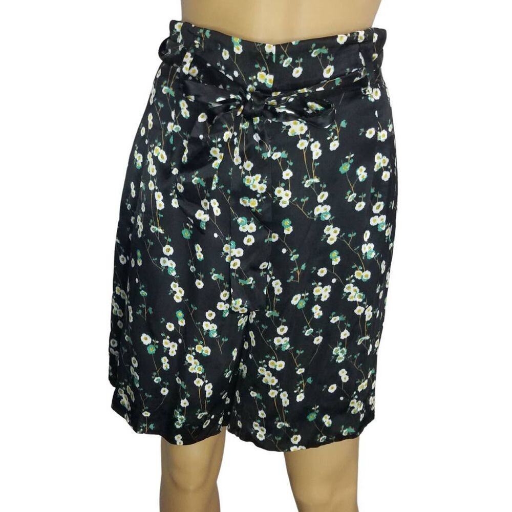 Black Silk Long Belted Wide Leg Shorts Floral Print Pockets Mossimo Dutti Size 6